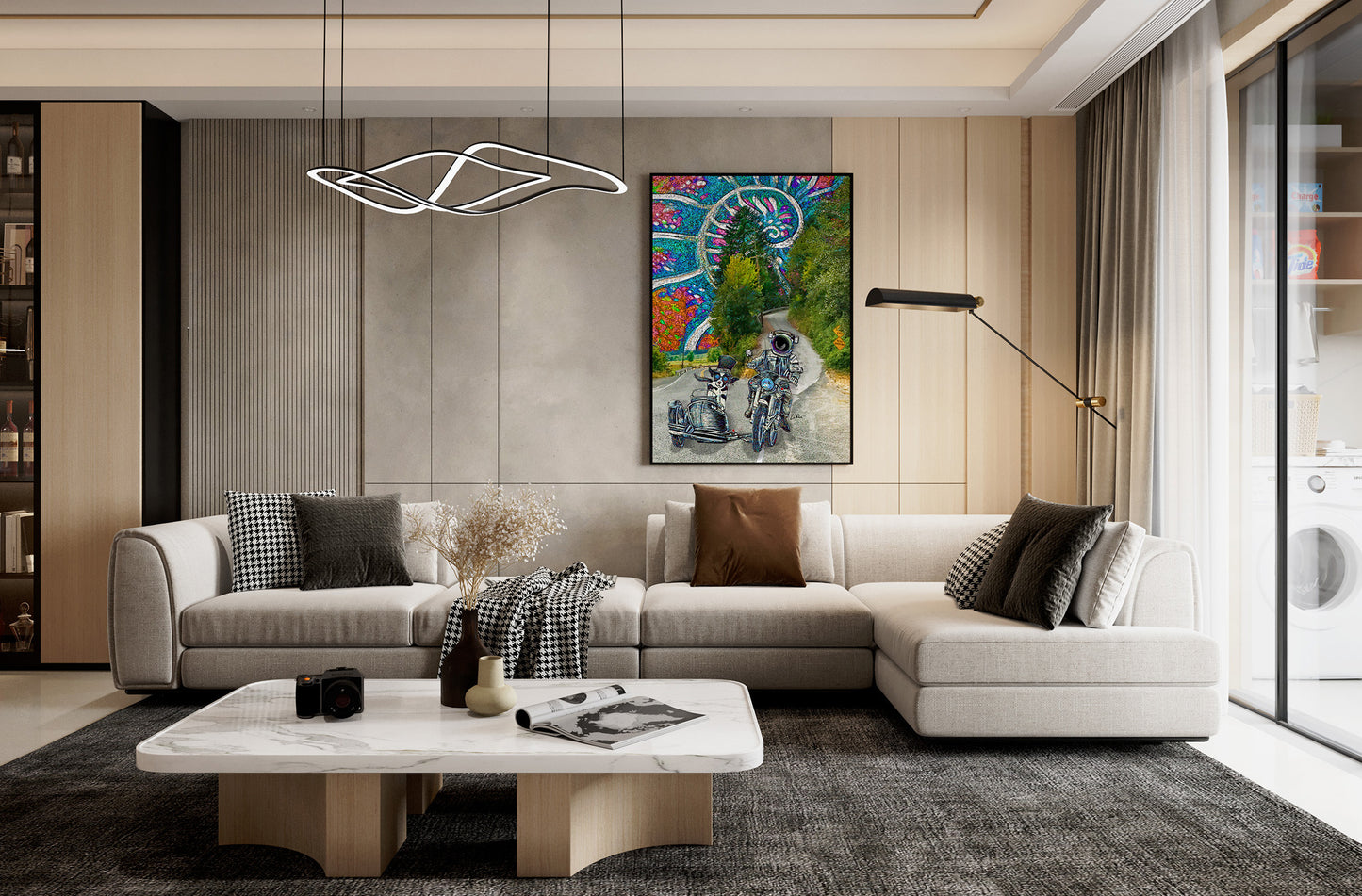 Modern living room with a sectional sofa, coffee table, and decorative wall art Moondoggy-Nautilus is mixed media art by Doug LaRue depicting an astronaut driving a motorcycle with a dog in a tophat and goggles