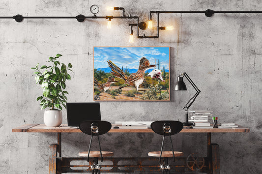 Modern office setup with a desk, chairs, and Roadrunner Hunting Lesson by Doug LaRue in a thin wood frame over the desk.