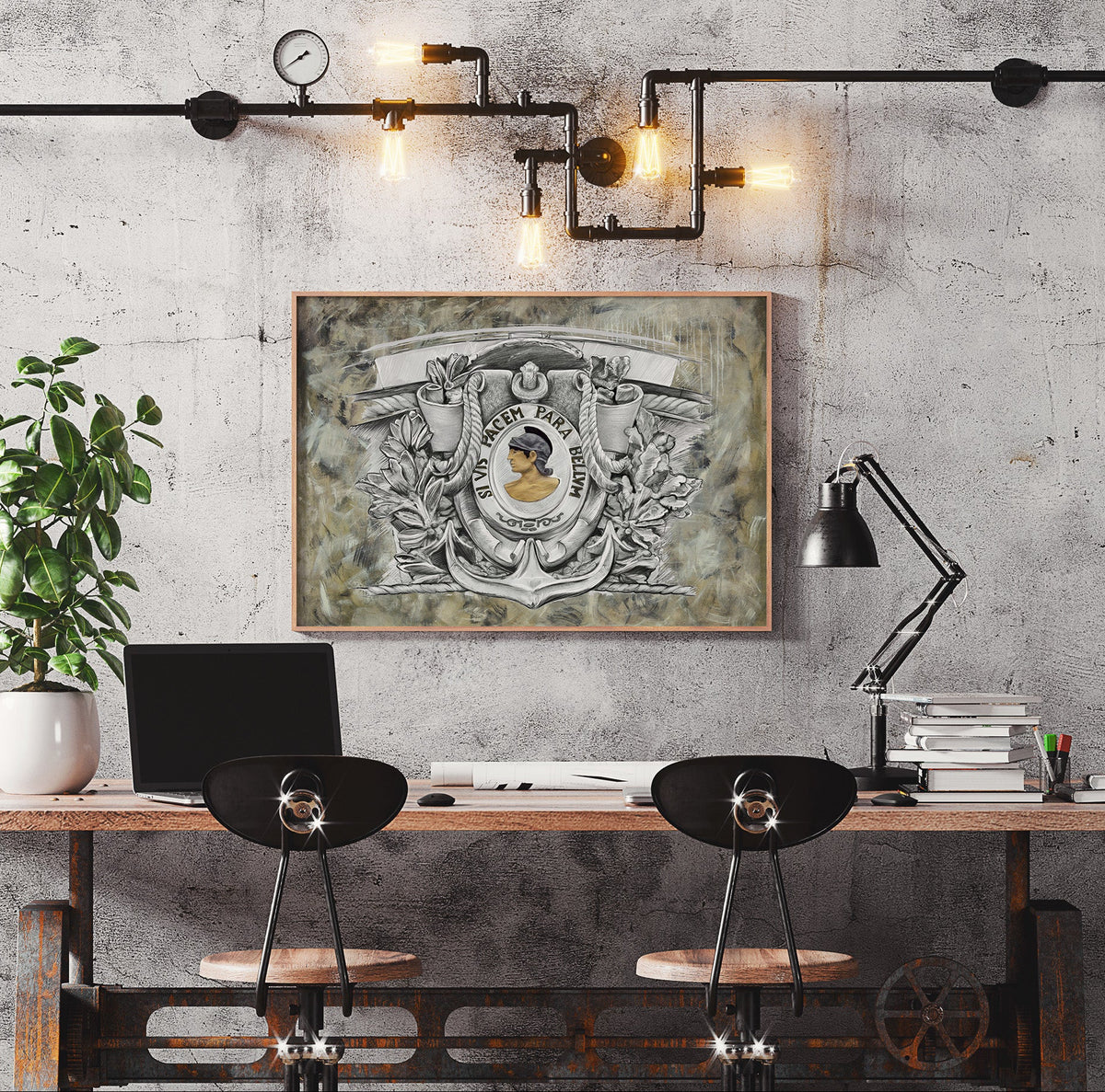 Khaki Parabellum mixed media art by Doug LaRue on a concrete wall over a desk