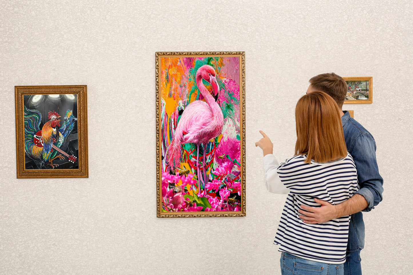 Two people looking at a colorful flamingo painting on a wall. Pink Flamingo by Doug LaRue