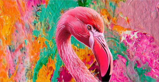 Pink flamingo against a colorful abstract background