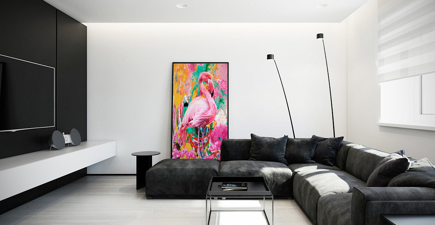 Modern living room with a black sectional sofa, colorful flamingo artwork, and minimal decor. Pink Flamingo A21 by Doug LaRue