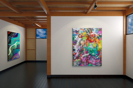 Art gallery with abstract paintings on white walls facing. Balcones Pop Tart by Doug LaRue