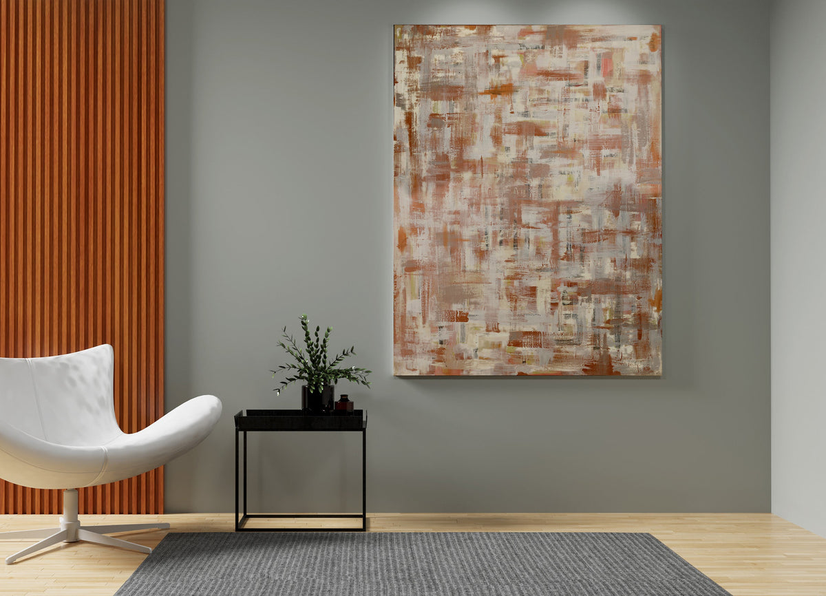 Modern interior with a white chair, small table, and abstract painting on a gray wall. Precious Weave by Doug LaRue