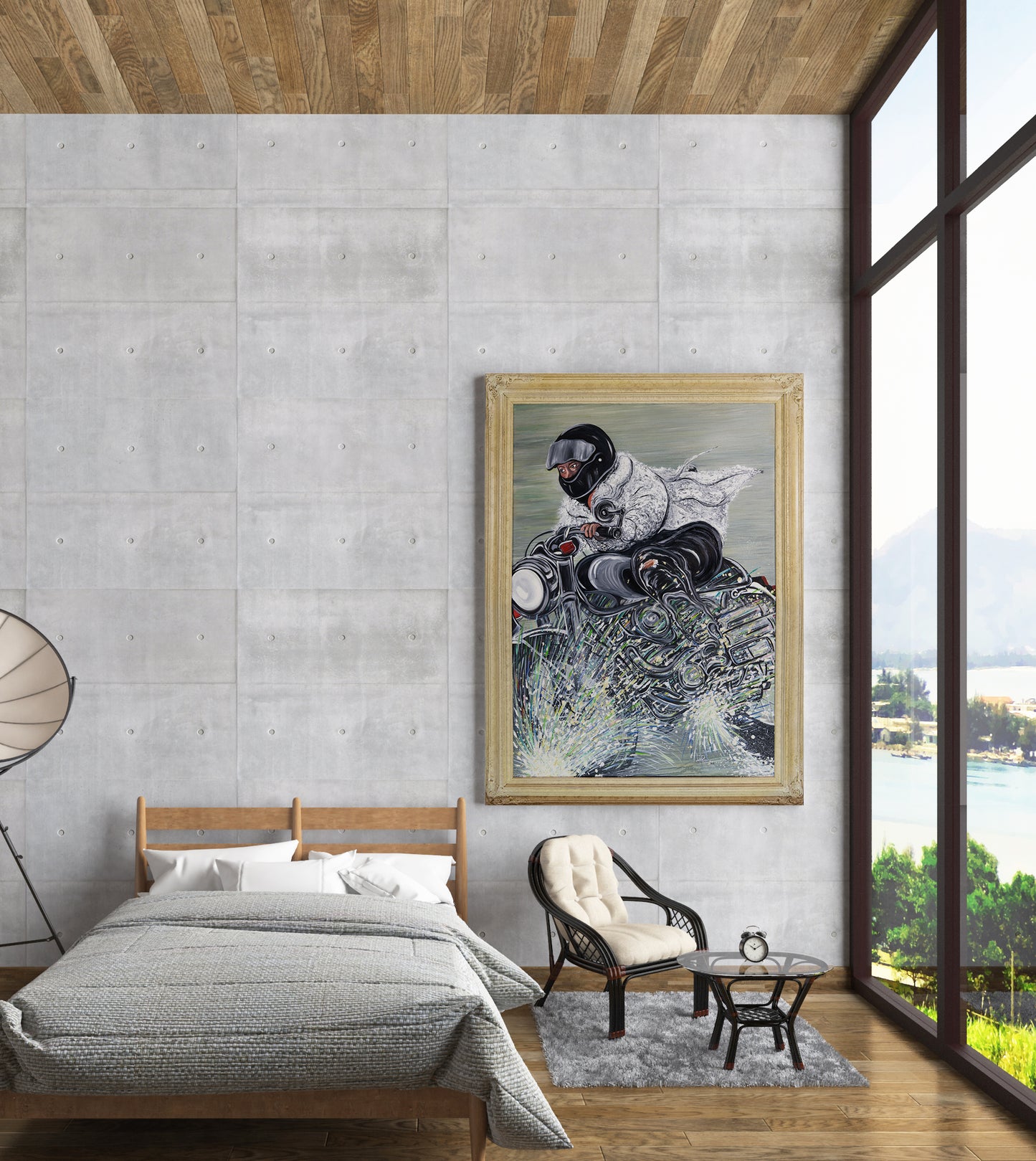 Modern bedroom with a framed artwork of a person in a in a white fur coat riding motorcycle in the rain. Racing in the Rain, oil painting by Doug LaRue