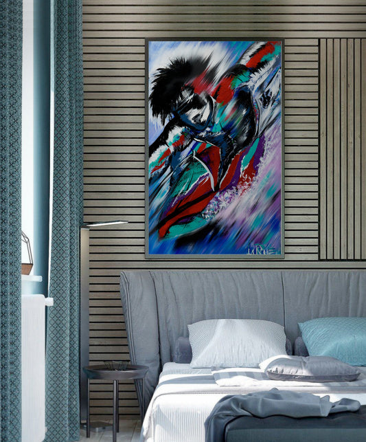 Abstract painting on a wall above a bed in a bedroom Sentient Surfer abstract art by Doug LaRue