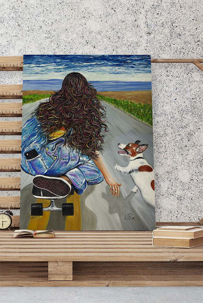 Sk8r Duo oil on canvas by Doug LaRue leaning on a wood crate with some books and an alarm clock