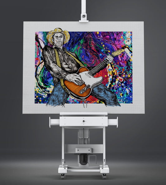 Colorful artwork of a person playing guitar on an easel against a dark background Slim Lawrence Embraced by Doug LaRue