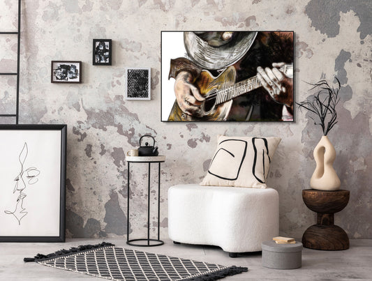 SRV Sketch b y Doug LaRue 17x25 on thick museum grade matte paper in a minimalist black metal frame on a distressed eggshell wall surrounded by modern art