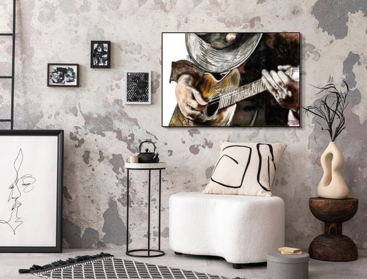 SRV Sketch b y Doug LaRue 17x25 on thick museum grade matte paper in a minimalist black metal frame on a distressed eggshell wall surrounded by modern art