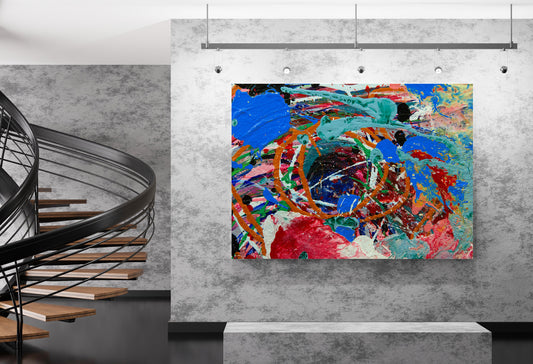 A colorful abstract canvas painting with vibrant blue, red, orange, green, and black brushstrokes, displayed on a textured gray wall in a modern interior setting with a spiral staircase on the left. Sweetbriar Deep Ellem b y Doug LaRue