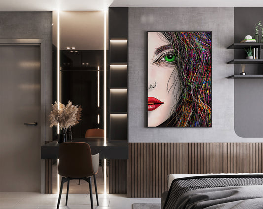 Modern bedroom with a colorful abstract painting of a face on the wall. Tara's Green Eye by Doug LaRue