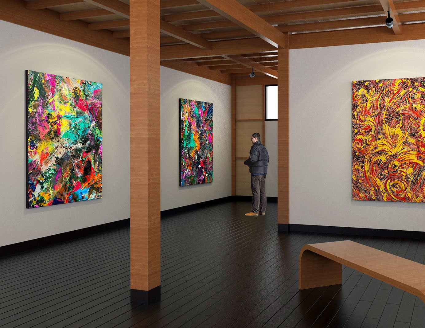 An art gallery interior with three large abstract paintings hanging on white walls, a wooden bench in the foreground, exposed wood ceiling beams, and a person standing near the center painting.