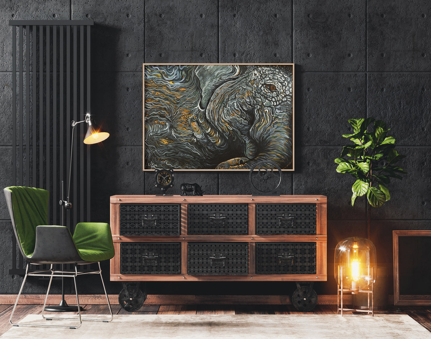 Modern interior with a wooden dresser, green chair, and wall art on a dark gray wall. Waking Elephant abstract art by Doug LaRue
