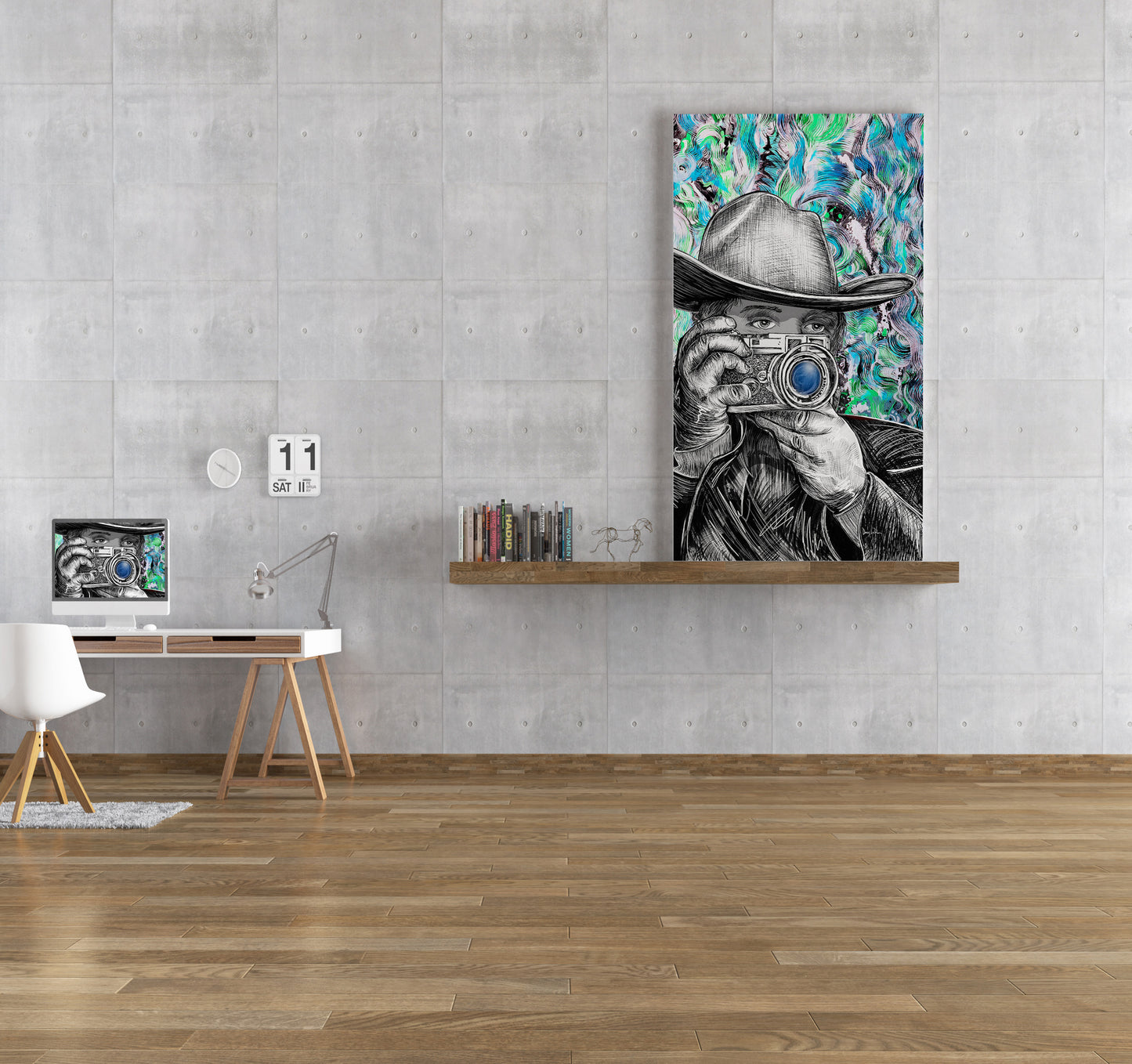 Room interior with a large wall art "Western Rangefinder" mixed media art by Doug LaRue, placed on a shelf against a gray wall.