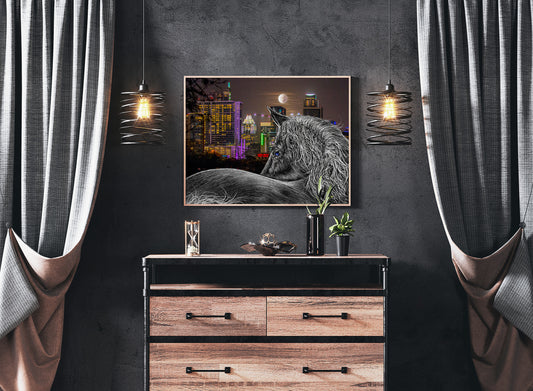 Dresser with decorative items against a dark wall with a framed picture of White Horse Austin Texas by Doug LaRue