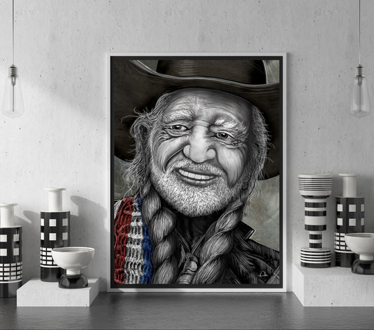 A framed black and white portrait print of a smiling man with a hat and braided hair, displayed on a shelf in a modern interior setting with decorative vases and pendant lights. Willie Nelson by Doug LaRue