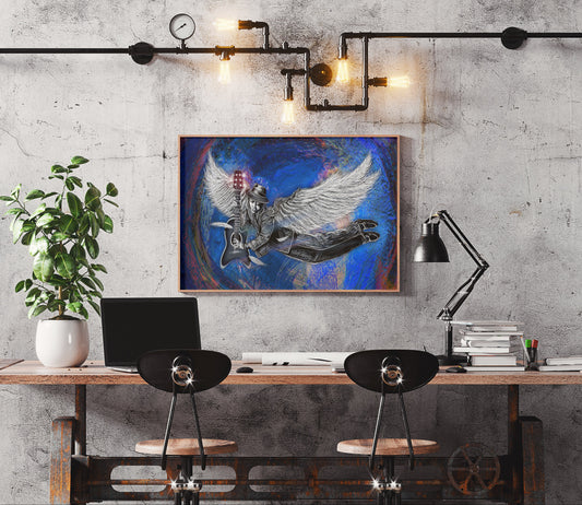 Modern office setup with a desk, chairs, and wall art in a concrete-walled room. Winged 6 String by Doug LaRue