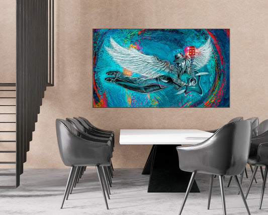 Modern interior with a dining table and chairs, featuring a colorful abstract painting on the wall. Winged 6 String by Doug LaRue