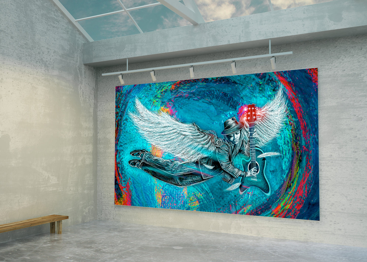 Colorful abstract painting of a person with wings in an art gallery. Winged 6 String by Doug LaRue