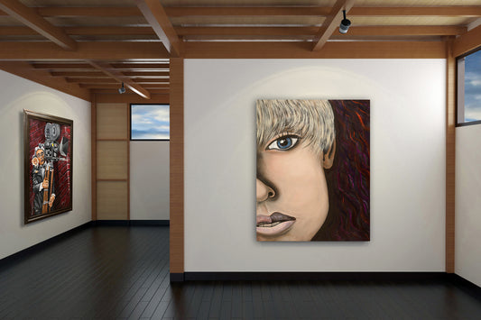 Art gallery with a large portrait of a Wrayn. Oil painting by Doug LaRue