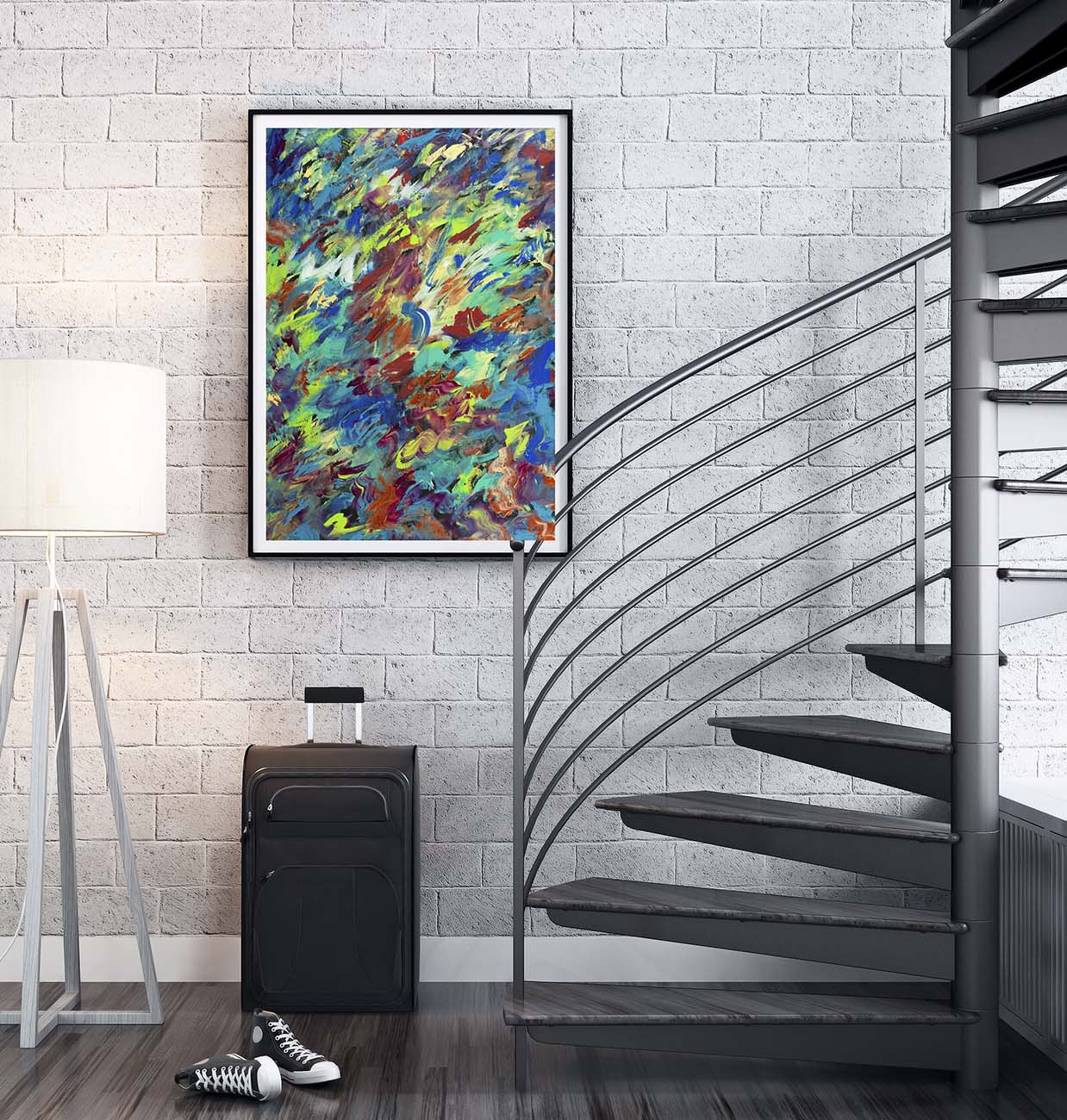 April abstract art by Doug LaRue on a white brick wall near stairs