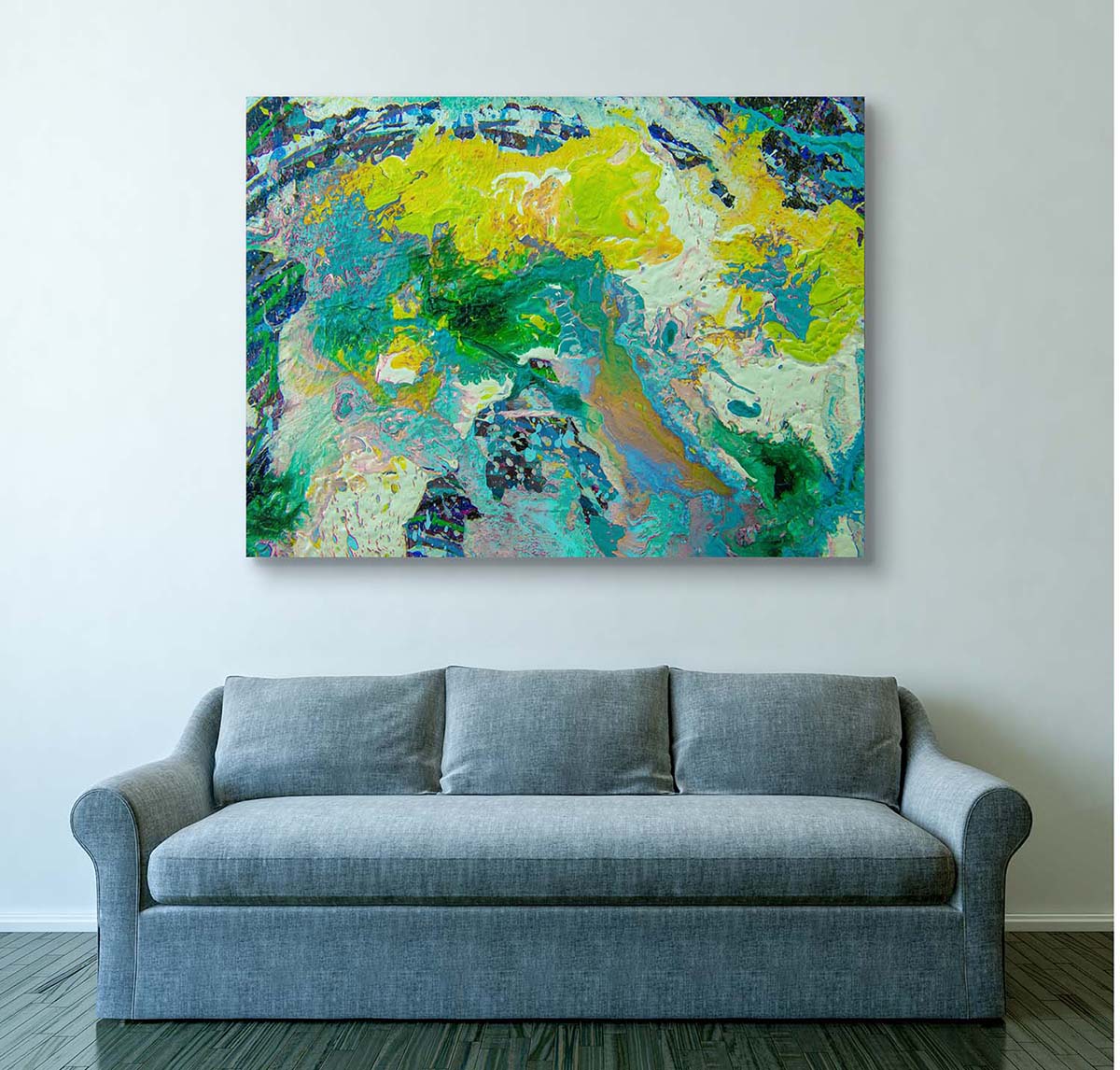 Abstract 21 Jungle art by Doug LaRue metal print over a couch
