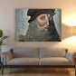 Leonardo Da Vinci portrait oil painting by Doug LaRue hanging over a tan couch