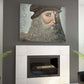 Leonardo Da Vinci portrait oil painting by Doug LaRue hanging over a modern fire place