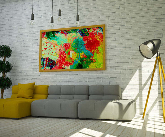 Abstract 21 Low Lands art by Doug LaRue in a wood frame over a sectional couch