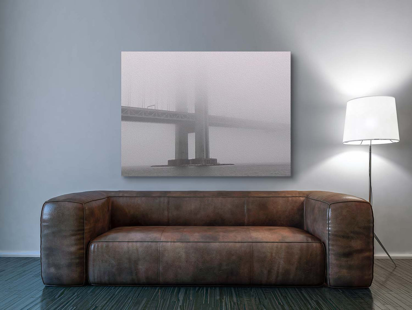 New York Bridge Fog mixed media art by Doug LaRue living room wall over leather couch