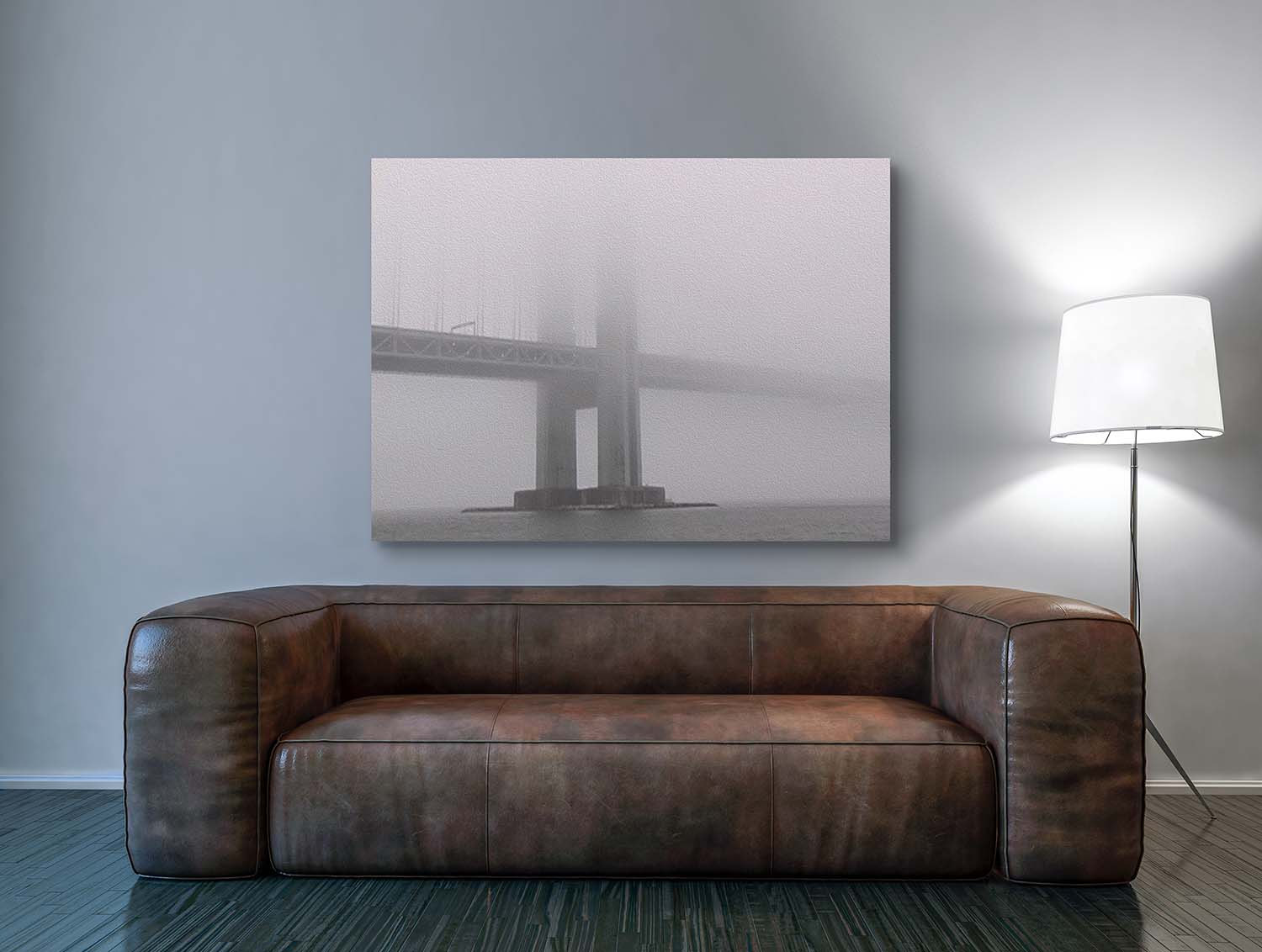 New York Bridge Fog mixed media art by Doug LaRue living room wall over leather couch 