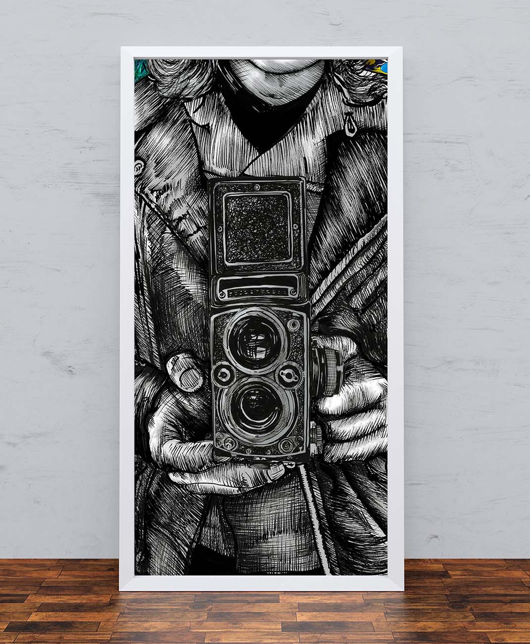 Leather Twin Lens print in a white frame Edit alt text