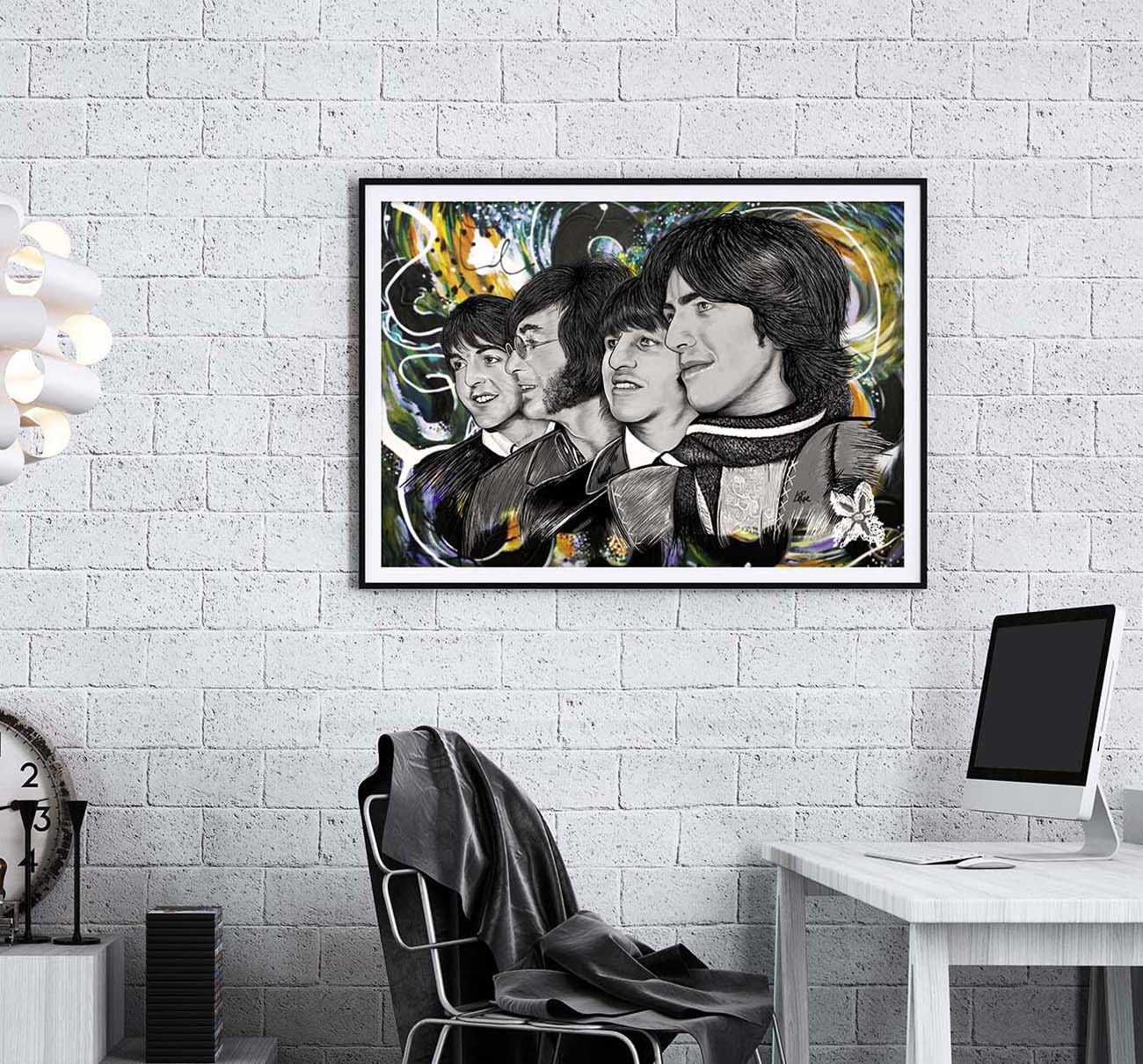 Beatles artwork by Doug LaRue on a white brick wall in an office