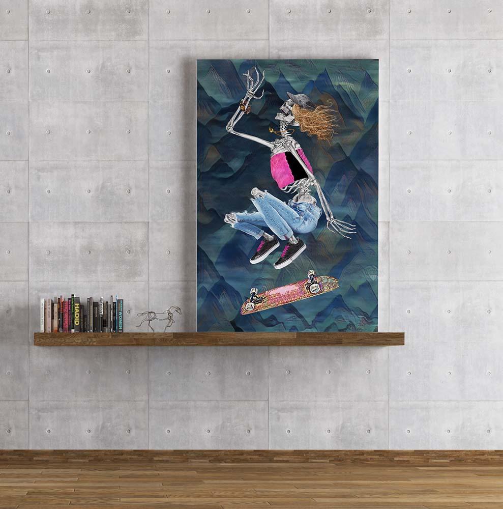 Bonita Kickflip mixed media art by Doug LaRue on a display shelf