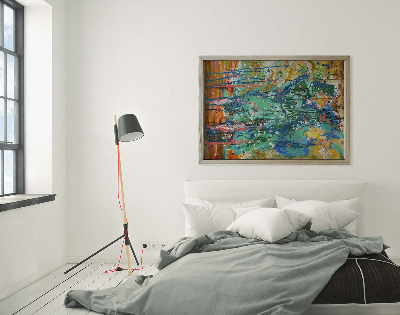 Eastwood Gulch abstract art by Doug LaRue in a light wood frame over a bed