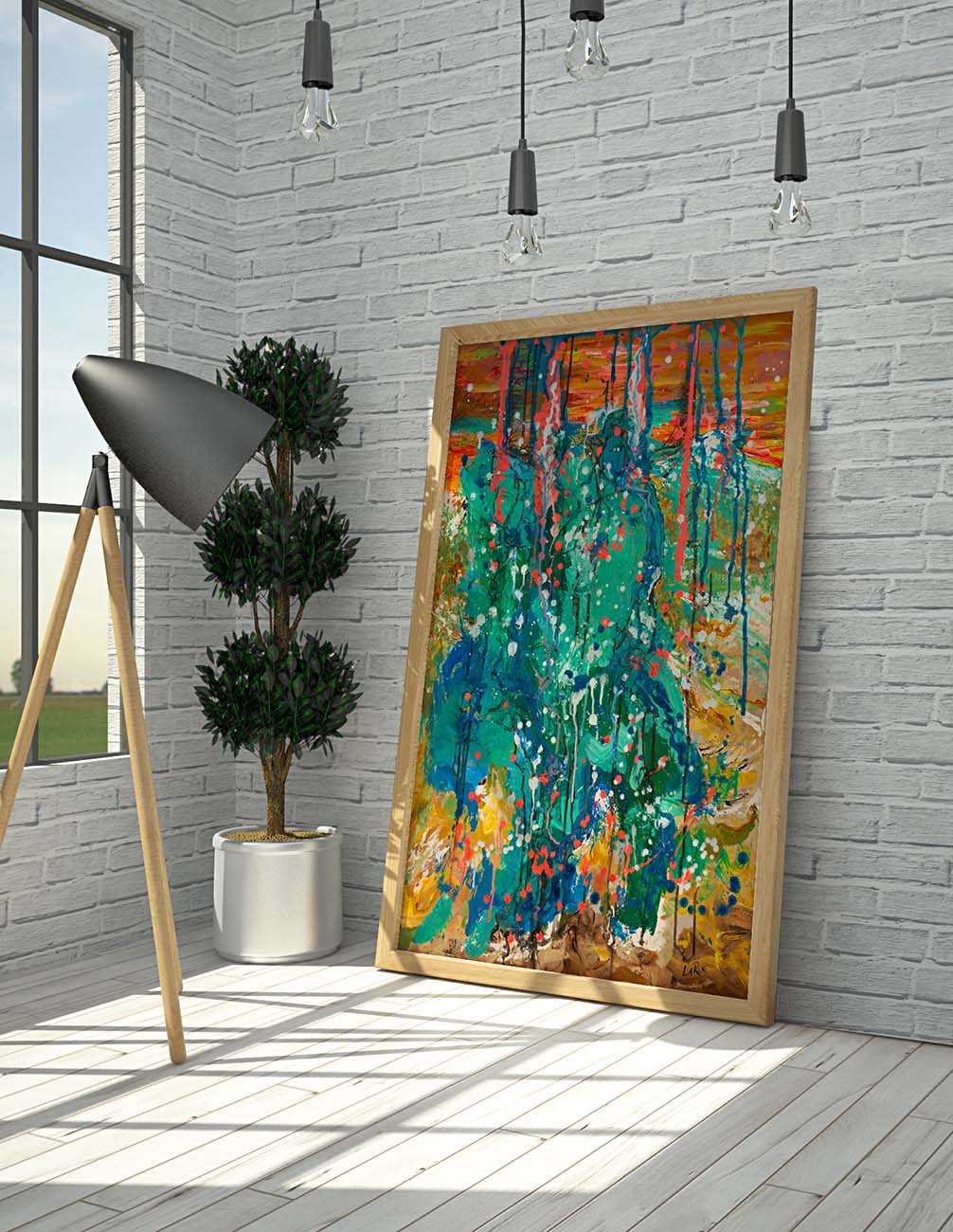 Eastwood Gulch abstract art by Doug LaRue. Large print in a light wood frame near a window leaning against a white brick wall