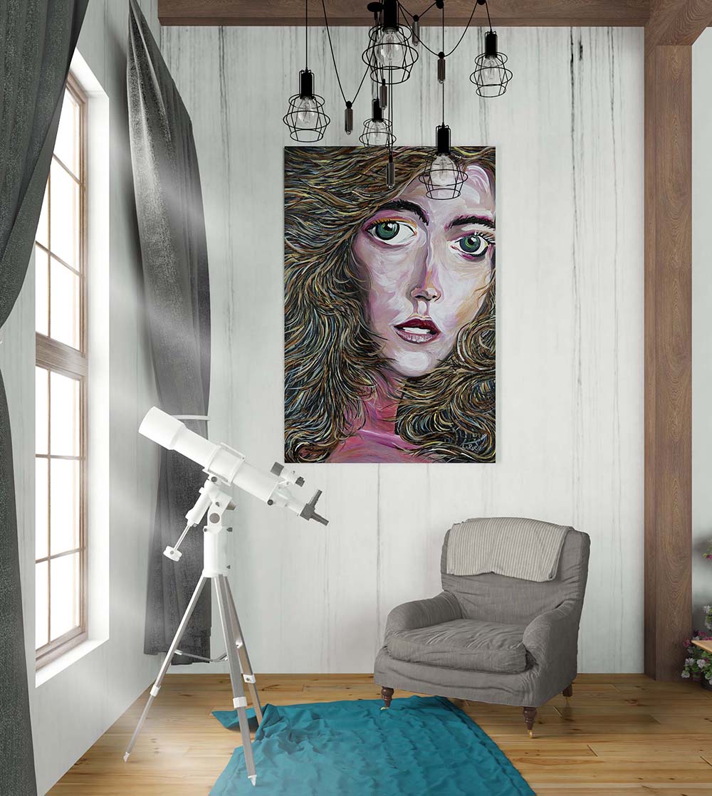 Ambyr, a figurative abstract portrait in acrylic on canvas by Doug LaRue on a wall in the study