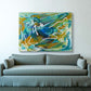 Eastern Mountain abstract canvas painting by Doug LaRue on a wall behind a couch
