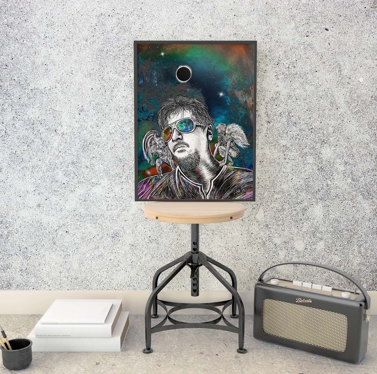 Galactic Whispers - self portrait of artist Doug LaRue print leaning against wall on a stool