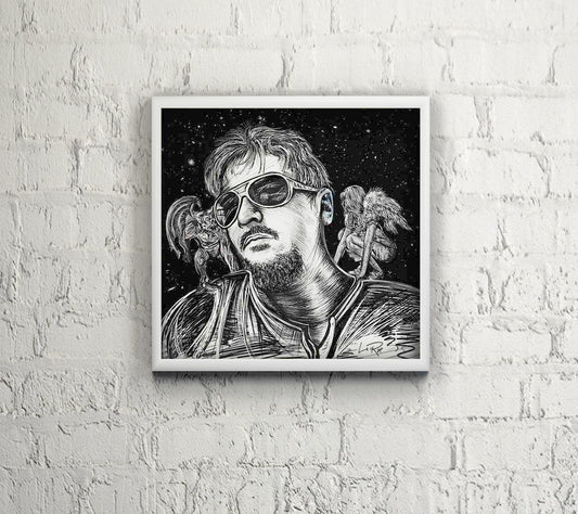 Doug LaRue Artist Portrait in a white frame on a white brick wall