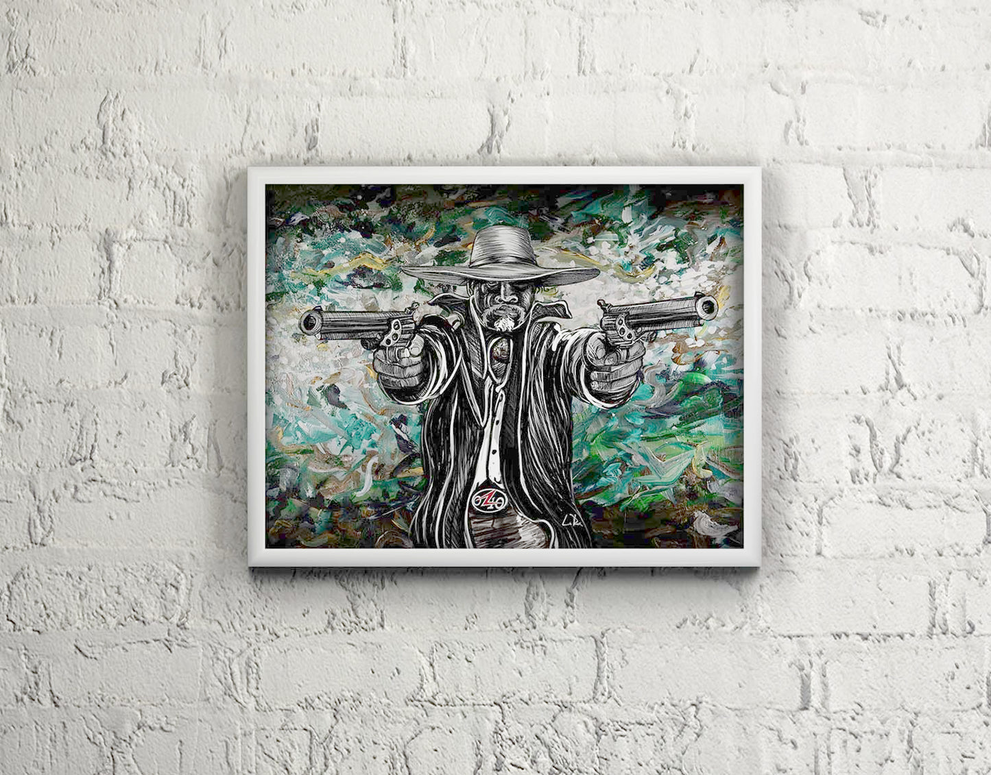 Bad Hombre art by Doug LaRue in a white frame on a white brick wall