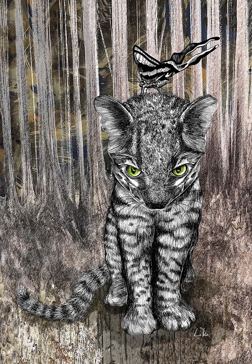Jungle Kitty's New Friend mixed media art by Doug LaRue