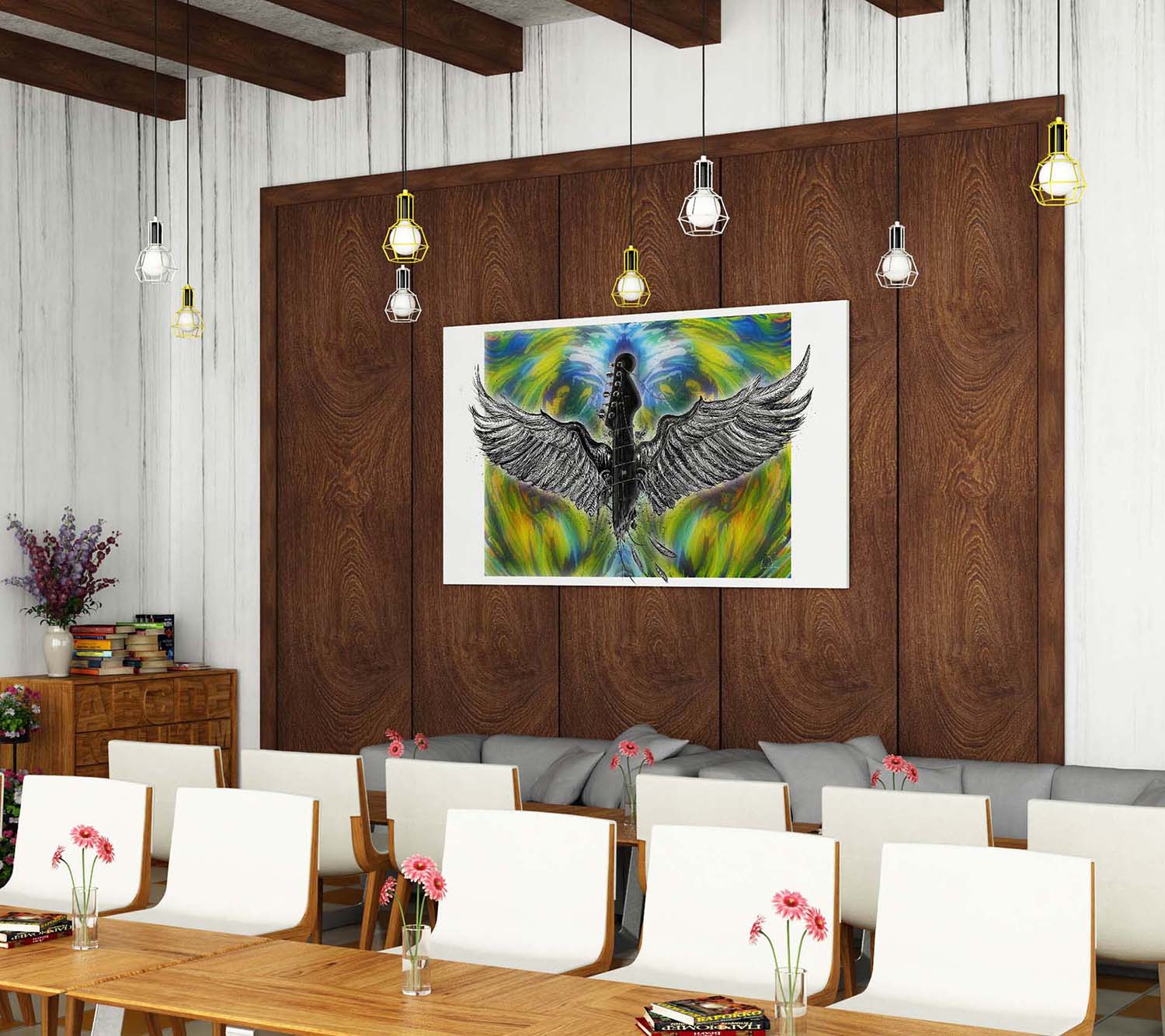 Music Breaks Free mixed media art by Doug LaRue on a party room wood panel wall
