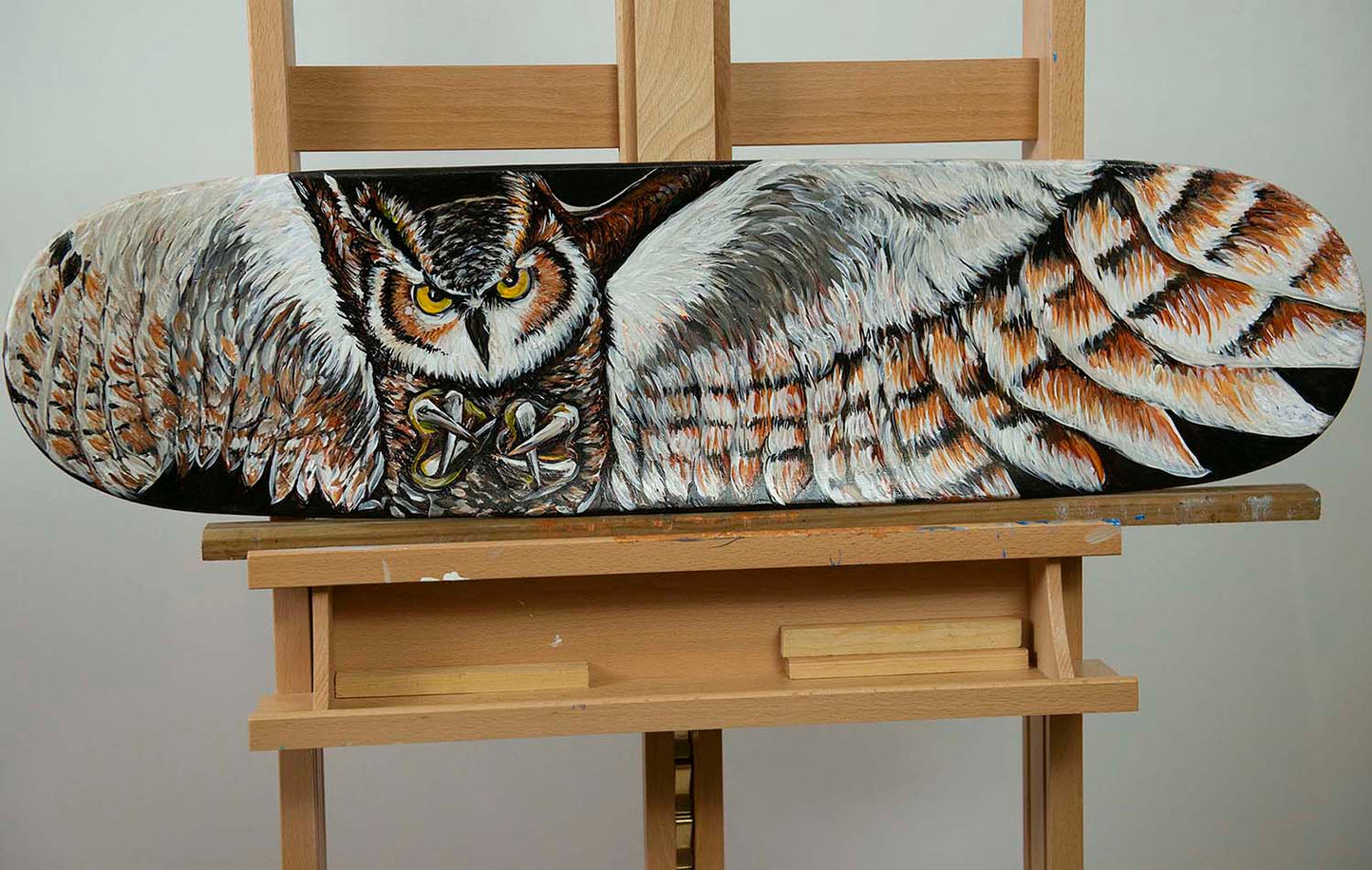 Owl painting on a skateboard deck by Doug LaRue