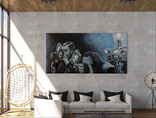 Ringside Press sports photographers artwork on a concrete wall in a living room