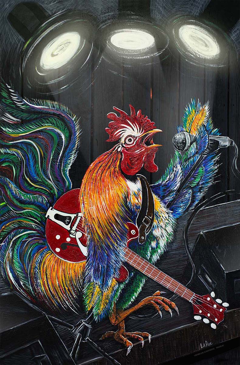 Ruling the Roost canvas painting of a rooster who sings and plays guitar
