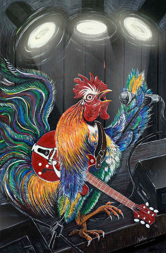 Ruling the Roost canvas painting of a rooster who sings and plays guitar