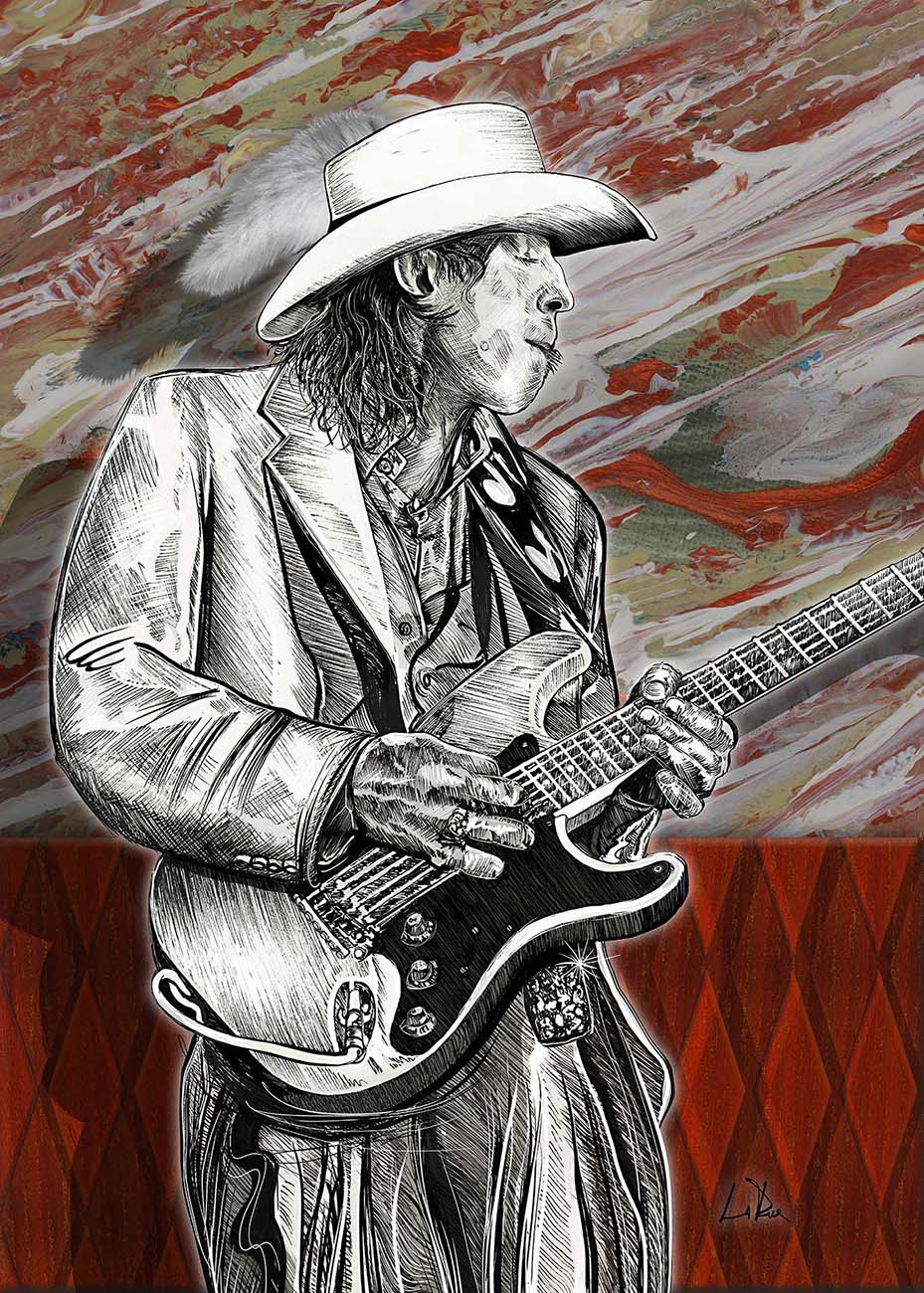 Guitarist Stevie Ray Vaughan mixed media art Edit alt text
