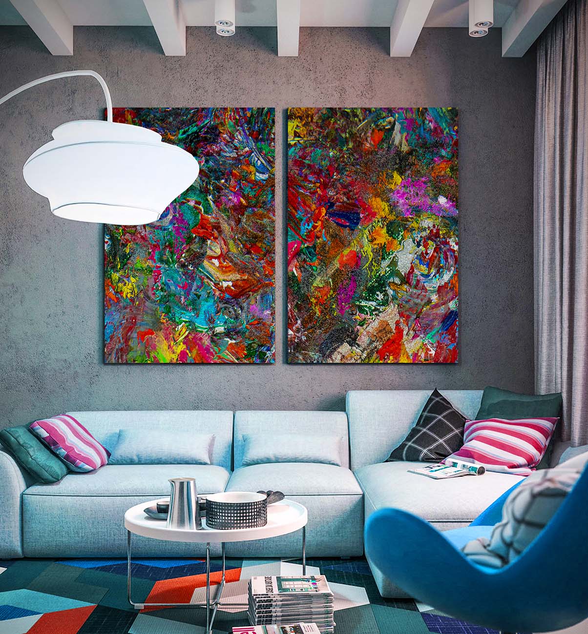 Vid19-72A and Vid19-72B Abstract Art Set in a living room over a couch
